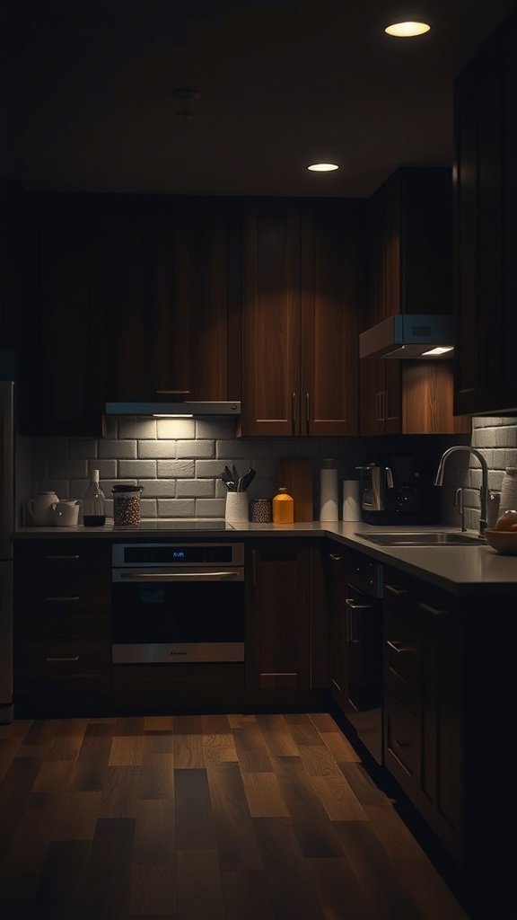 A dimly lit kitchen showcasing dark cabinets and surfaces, highlighting mood lighting.