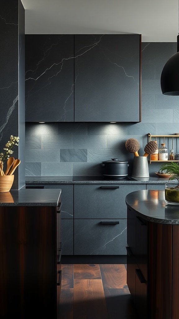 A modern dark kitchen featuring textured black cabinets, wood accents, and warm lighting.