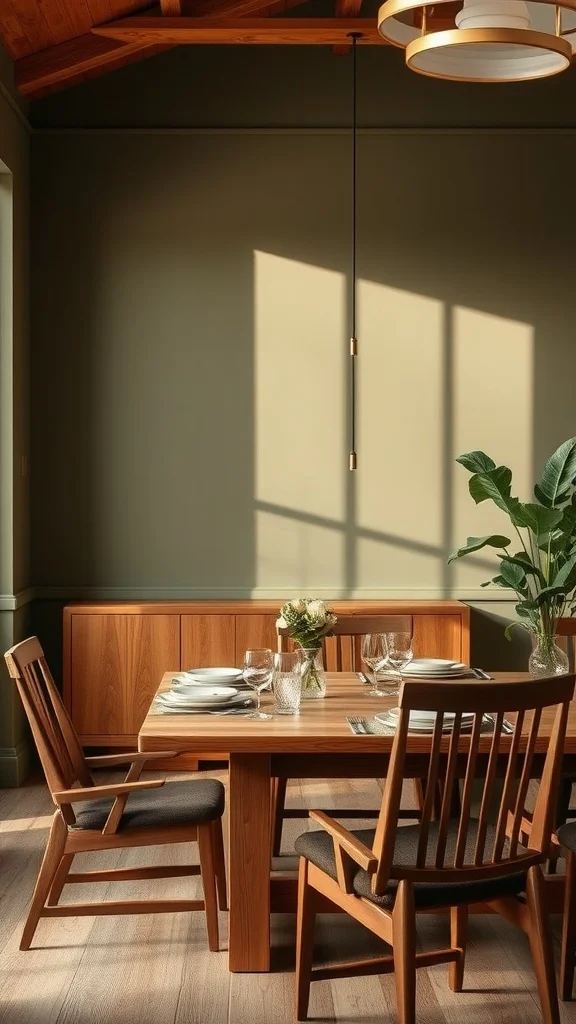 A dining room featuring muted olive green walls complemented by wooden furniture and natural elements.