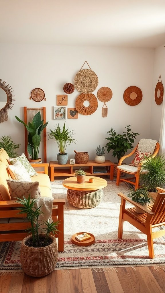 A boho living room showcasing natural elements like plants and woven decor.