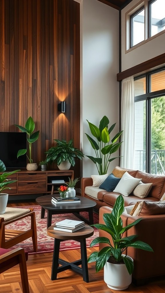 A cozy living room featuring dark wood accents, plants, and warm lighting.