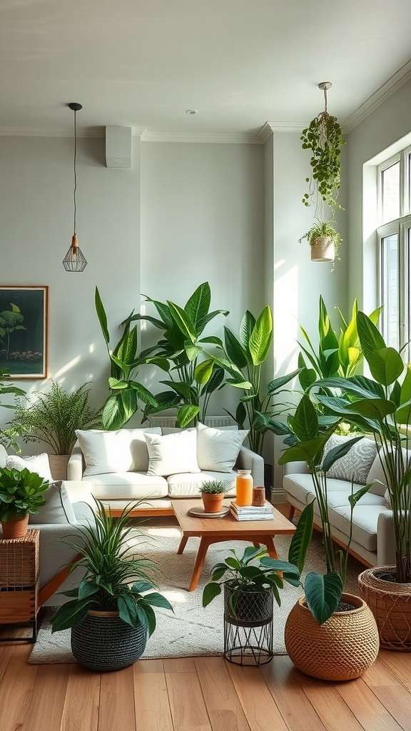 A cozy living room filled with various plants and natural green decor.