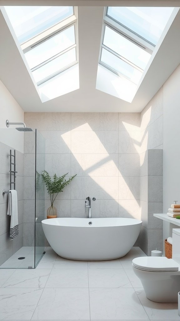 A modern bathroom featuring skylights that enhance natural lighting.