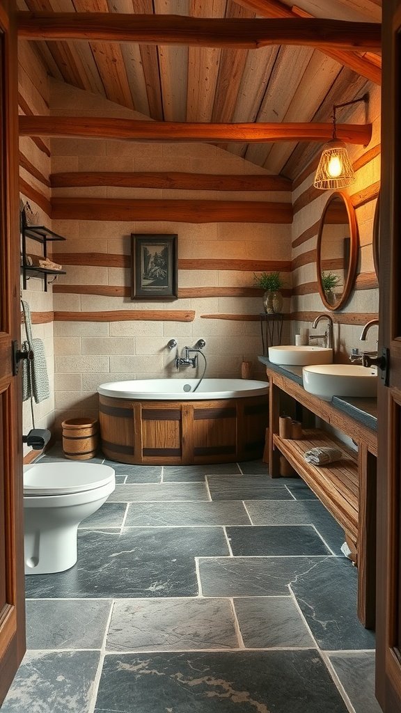 Stylish bathroom with natural slate flooring and rustic decor.