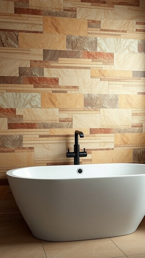 A stylish bathroom featuring a natural stone backsplash with warm colors and a modern bathtub.