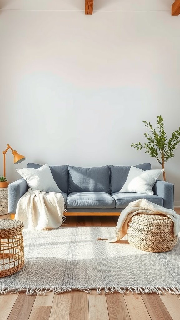 A cozy living room featuring grey sofa, woven baskets, and natural textures.