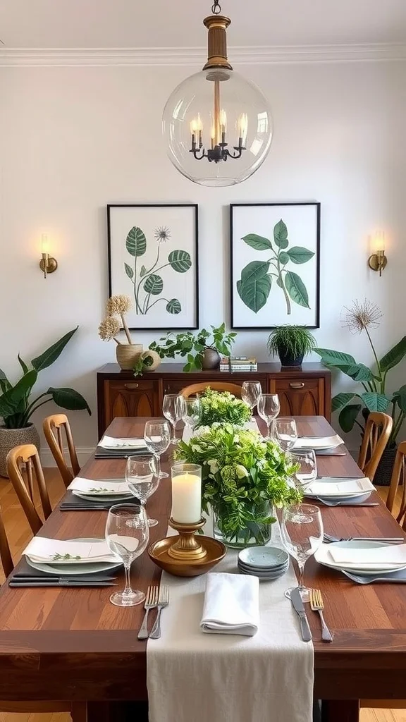 A modern dining room featuring nature-inspired decor with plants and botanical art.