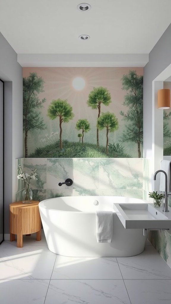 A serene bathroom with nature-inspired backsplash featuring trees and soft colors.