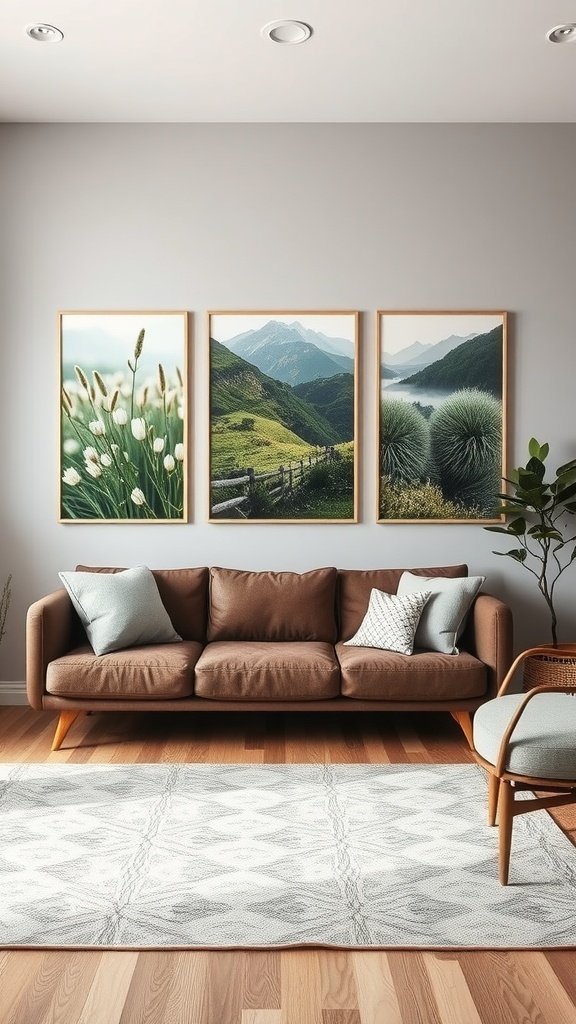 A cozy living room with nature-inspired wall art featuring mountains and greenery.