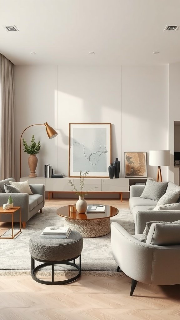 Cozy living room featuring neutral shades with soft gray furniture and warm beige accents.