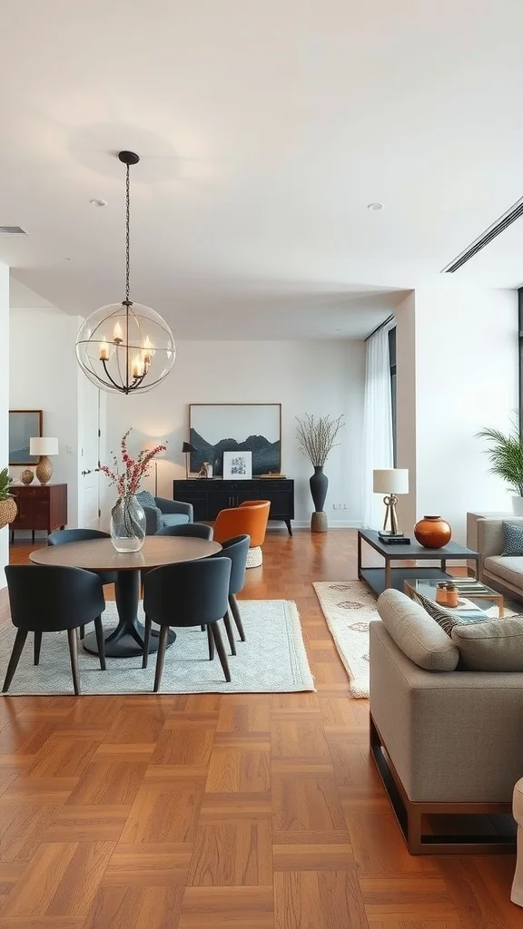 Modern open concept dining area with stylish furniture and decor.