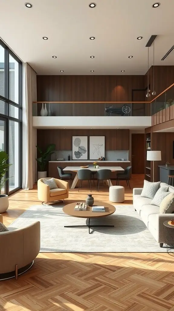 Cozy living room with modern design and open layout, featuring large windows and inviting seating.