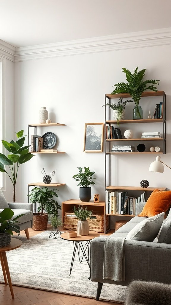 A stylish living room with open shelving featuring plants, books, and decorative items.