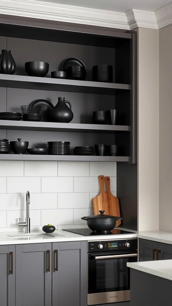 A kitchen featuring open shelving with dark accents and stylish black dishware.