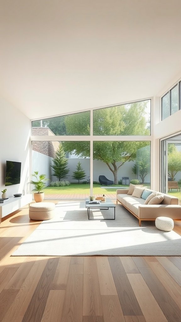 A bright living room with large windows showcasing a garden view.