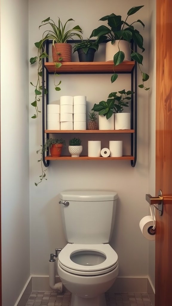 An organized bathroom with over-the-toilet storage featuring shelves filled with plants and toilet paper.