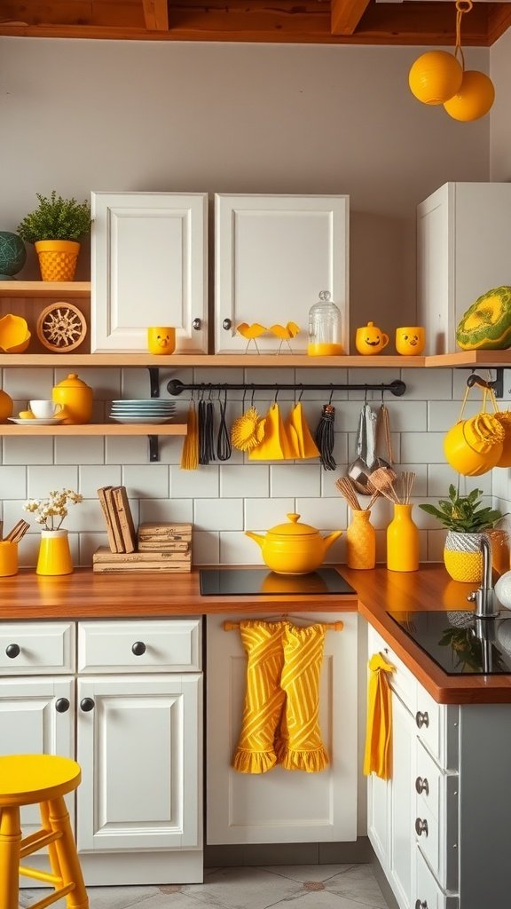 A kitchen decorated with yellow accessories and decor, featuring bright cookware and cheerful accents.