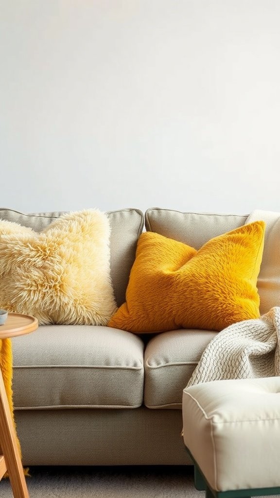 Cozy living room with yellow throw pillows on a beige couch