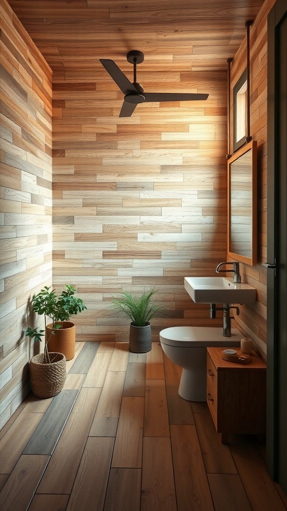 A bathroom featuring reclaimed wood flooring and wooden accents.