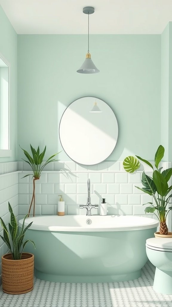 Bathroom painted in refreshing mint green with plants and natural light.