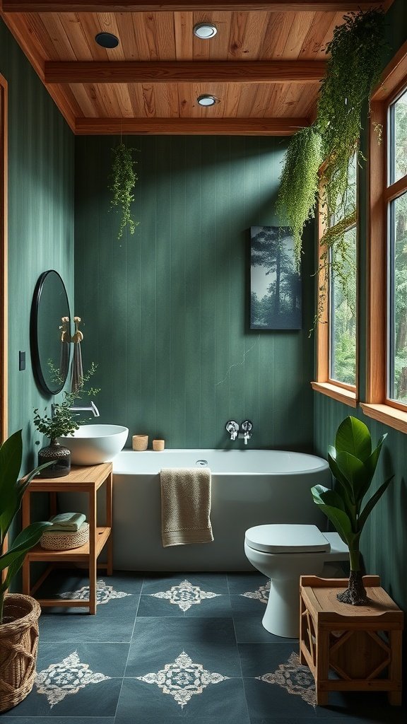 A bathroom featuring rich forest green walls, wooden accents, and plants.