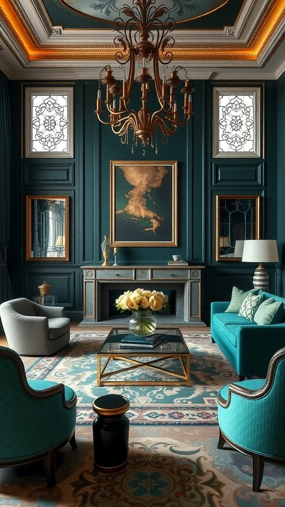 Cozy living room featuring rich jewel tones with teal and deep green accents.