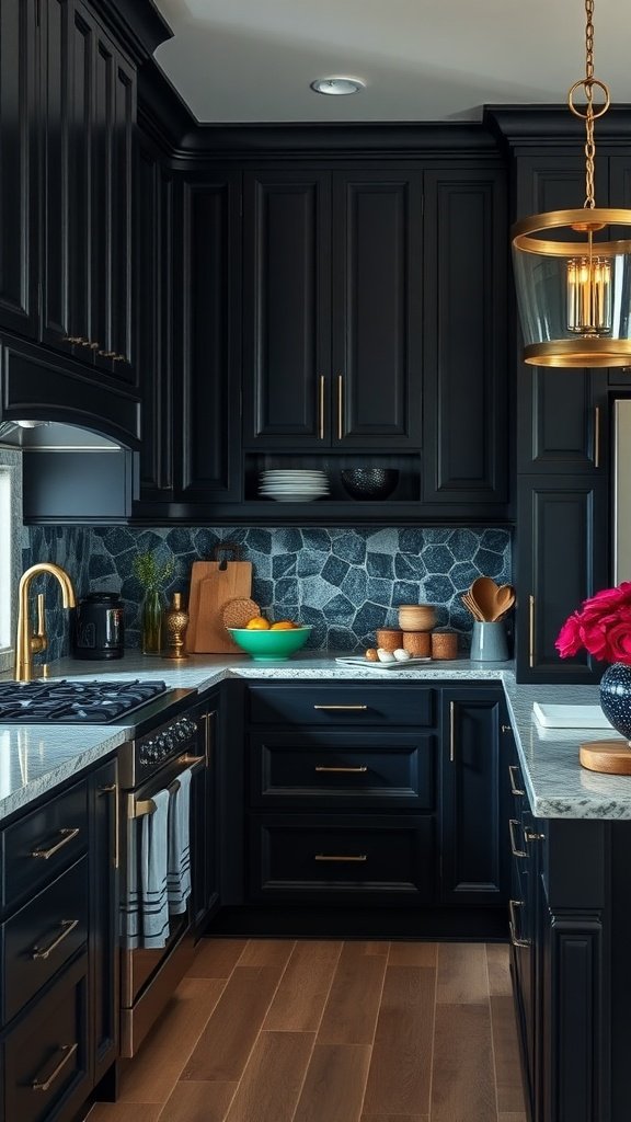 A stylish dark kitchen featuring black cabinetry and colorful accents.