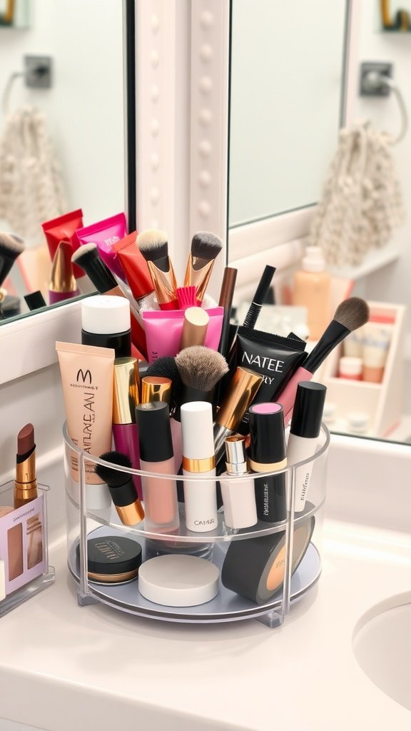 A rotating organizer filled with various makeup products on a bathroom countertop.