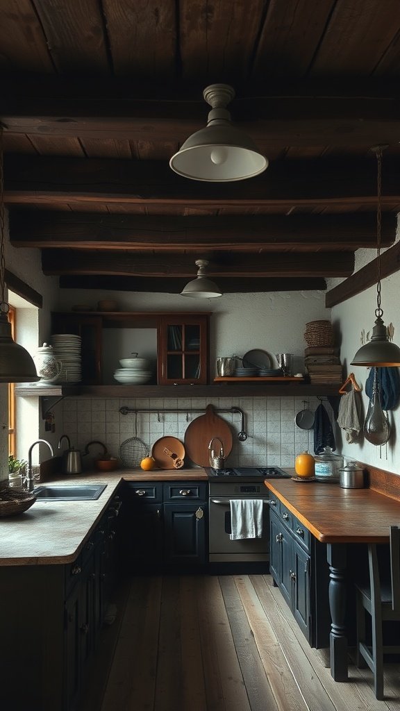 Cozy rustic kitchen with dark cabinets, wooden beams, and warm lighting.