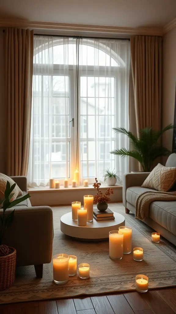 A cozy living room filled with scented candles, creating a warm and inviting atmosphere.