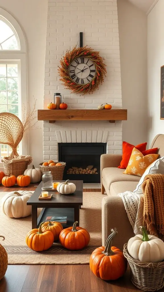 A cozy living room decorated for fall with pumpkins, a wreath, and soft textiles.