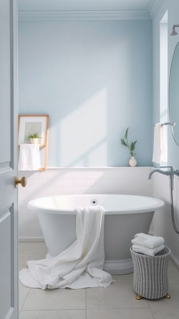 A serene bathroom featuring light blue walls, a white bathtub, and soft towels.