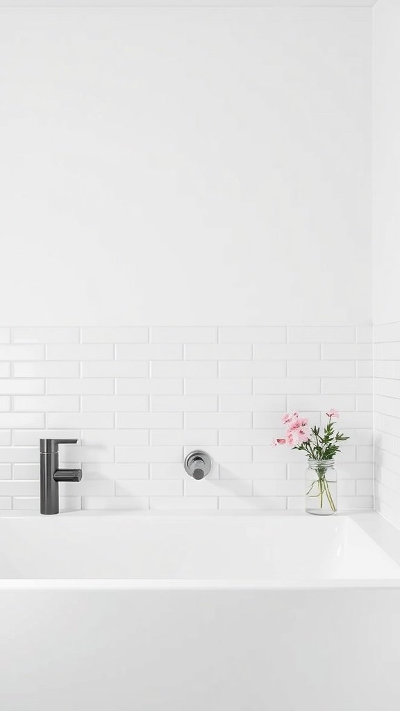 Bathroom with simple white tile backsplash, a toilet, sink, and mirror.