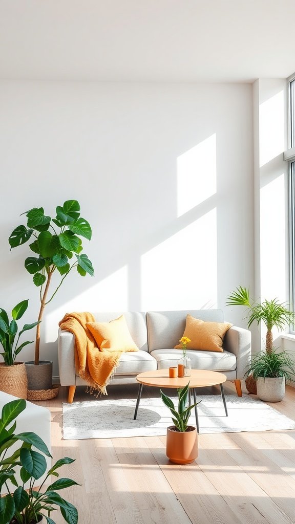 Living room with plants and neutral furniture in a bright setting