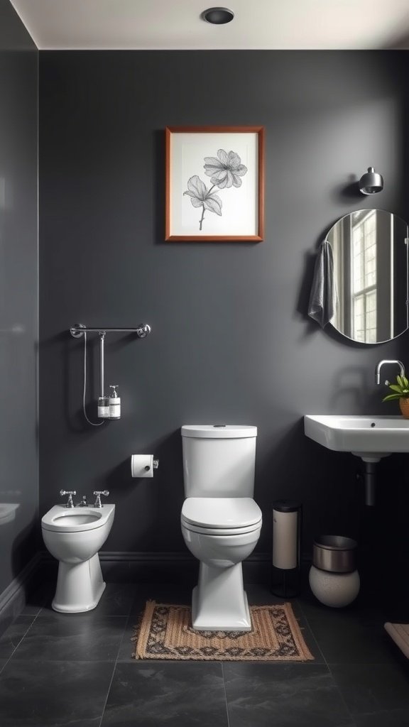 A sleek charcoal painted bathroom with modern fixtures and decor.