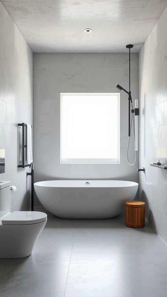 A modern bathroom with sleek concrete flooring, a freestanding bathtub, and minimalistic decor.