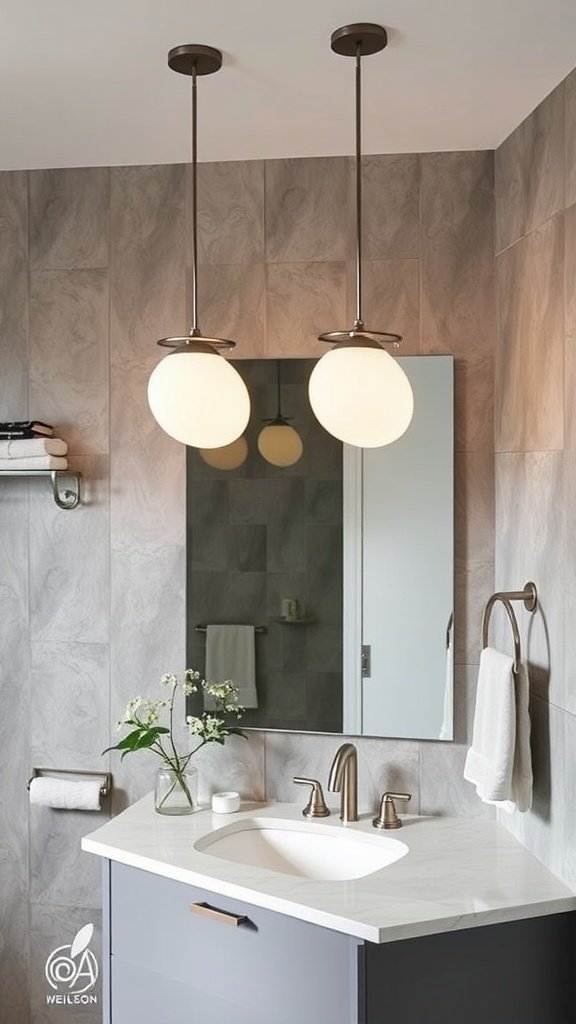 Modern bathroom with sleek pendant lights above the sink.