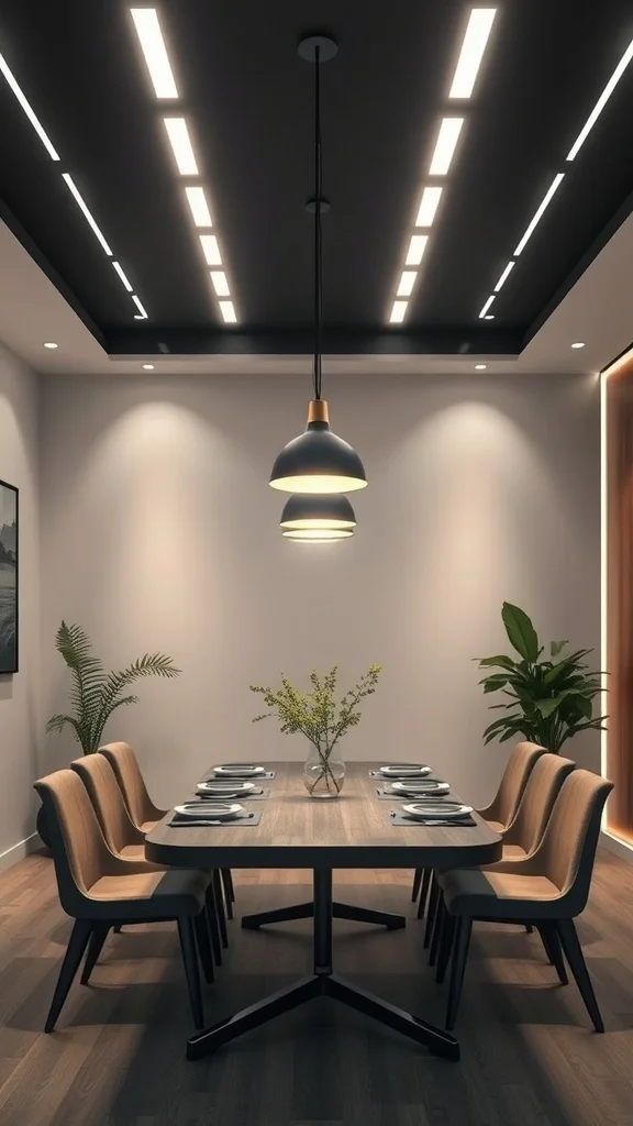 Modern dining room with stylish lighting and a large wooden table