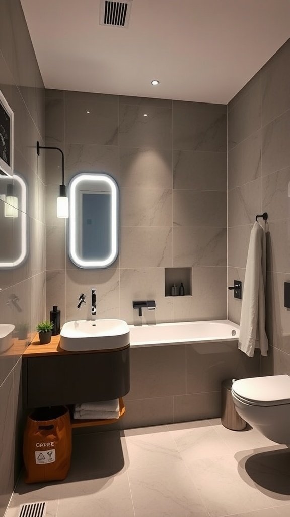 A modern bathroom with smart lighting and sleek design.