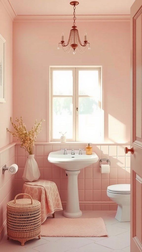 A soft blush pink bathroom featuring a chandelier, sink, and decorative elements.