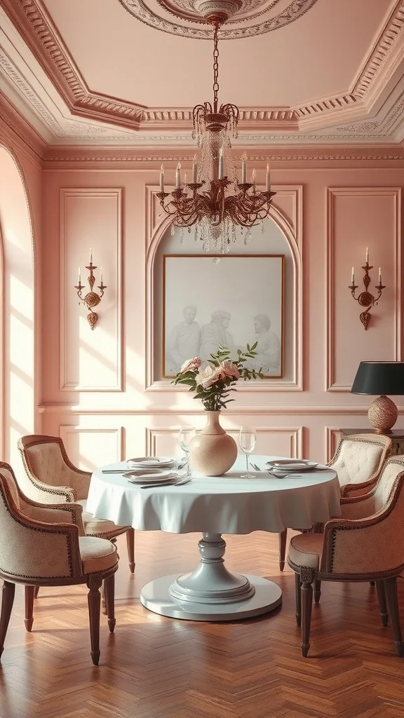 Elegant dining room with soft blush pink walls and stylish furniture.