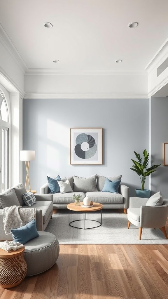 A cozy living room featuring soft grey and blue decor.