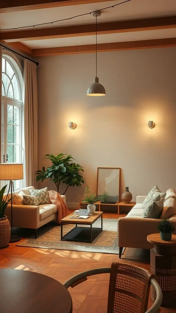 A modern cozy living room with soft lighting from fixtures.