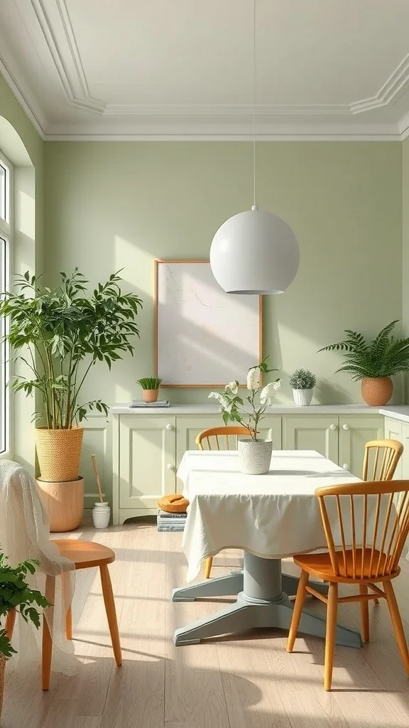 A dining room featuring soft sage green walls, light wood flooring, and orange chairs.