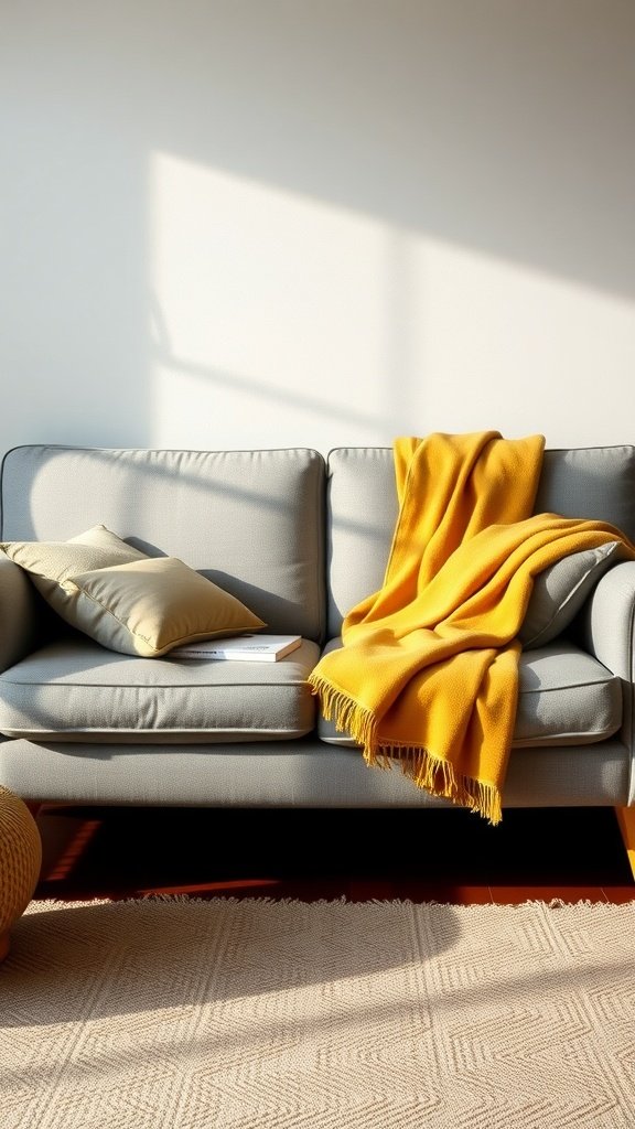 Cozy living room featuring a yellow throw blanket on a grey couch