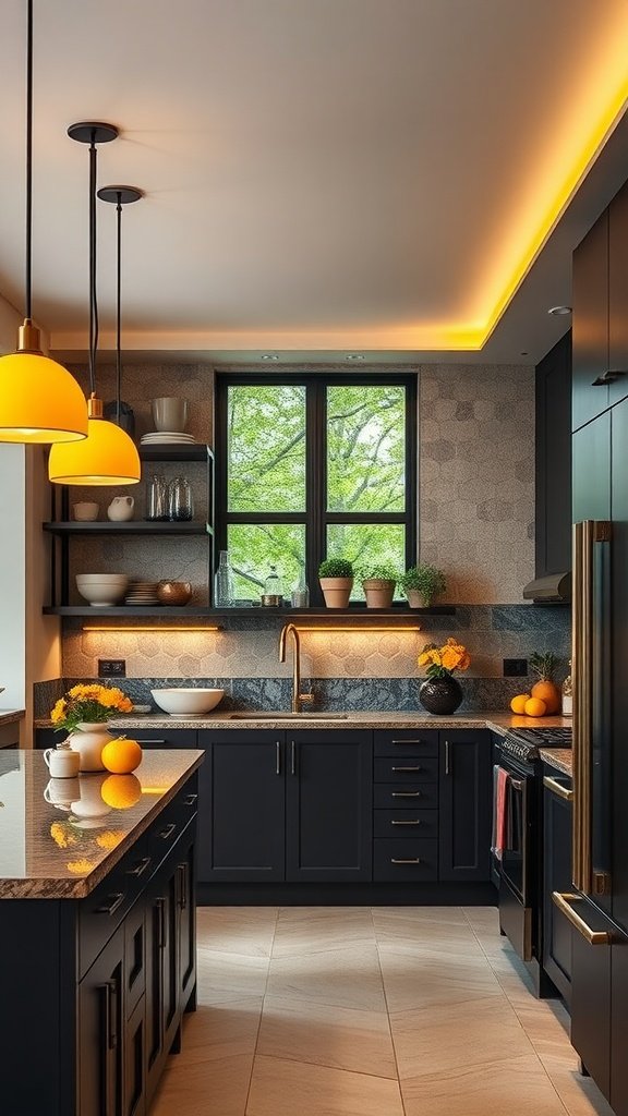 A modern kitchen featuring yellow lighting fixtures and dark cabinets.