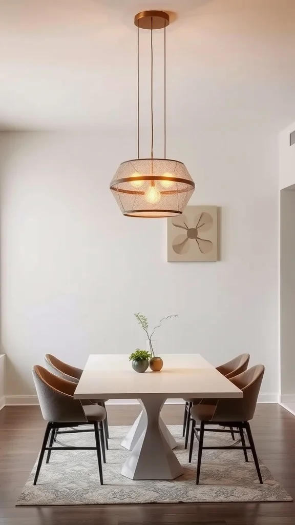 Modern dining room featuring a stylish pendant light hanging above a white table with stylish chairs.