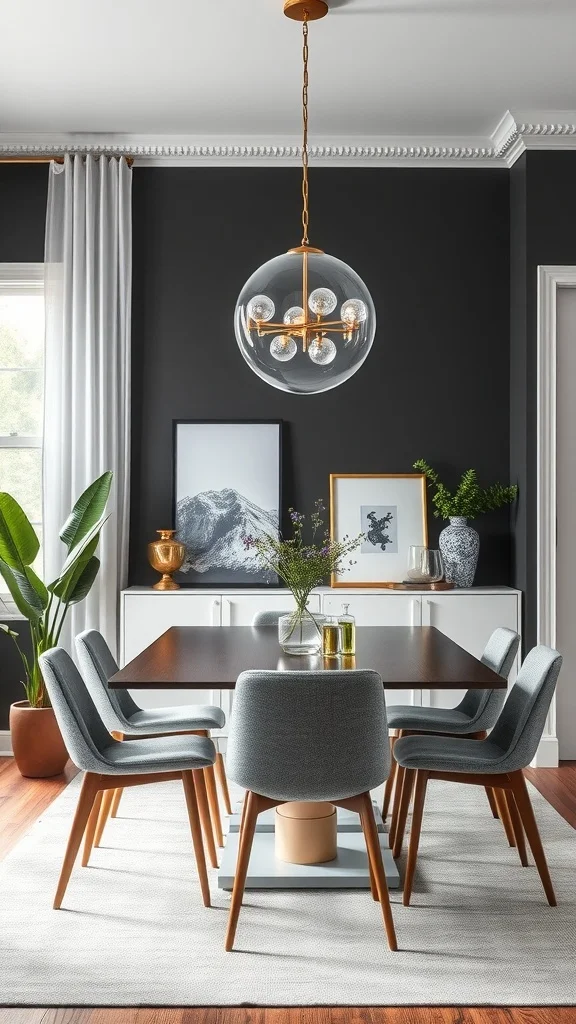 A modern dining room featuring charcoal gray walls, a stylish chandelier, and contemporary furniture.