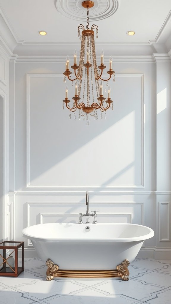 A modern bathroom featuring a decorative chandelier above a white freestanding bathtub.