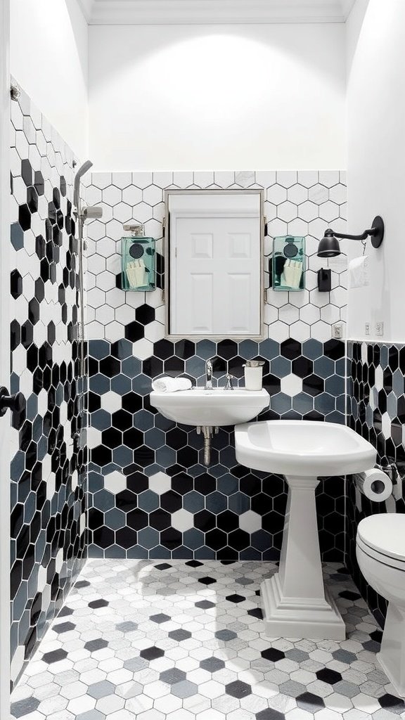 A stylish bathroom featuring hexagon tiles in black, white, and blue.